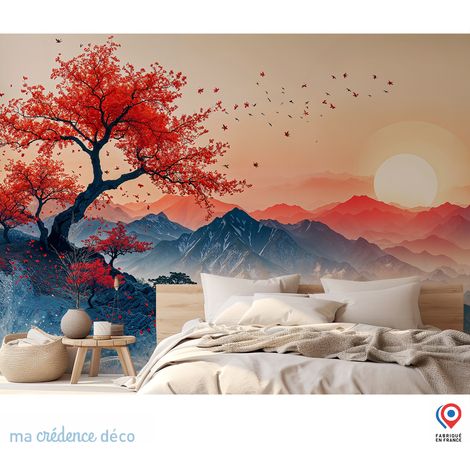Papier peint : Paysage zen, fleurs, montagnes et soleil 2 - Intissé - L.200 x H.280 cm - Rouge carmin (1/5)