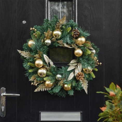 40cm Hanging Baubly Gold Christmas Wreath with Pinecones (1/2)
