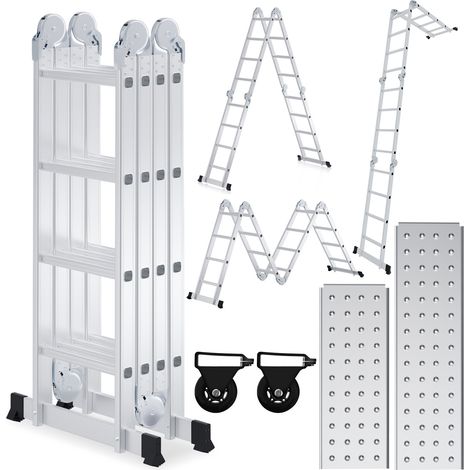 TolleTour Escalera multifuncional 7 en 1 de aluminio, 4x4 peldaños, aprox. 470 cm / 4,7 m, plegable, 2 plataformas + 2 ruedas, carga máxima 150 kg (1/5)