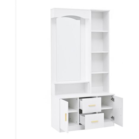 Meuble d'entrée multifonctionnel 90 x 40 x 180 cm avec espace de rangement, comprenant des armoires avec étagère à chaussures et miroir, un meuble à 2 tiroirs et 2 placards, et une commode avec étagèr