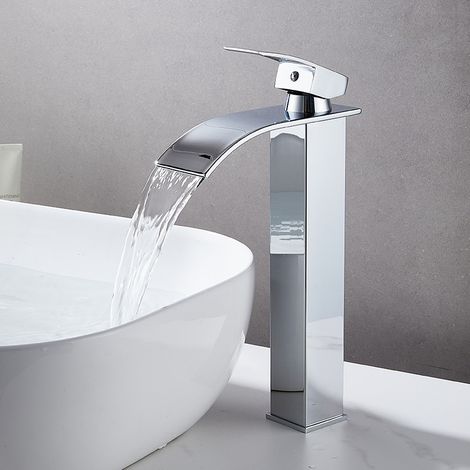 Waterfall Basin Sink Mixer Tap Bathroom Lever Single Handle Leadless Brass Faucet，Tap Bathroom for Cold and  Hot Water,With 2 × G3/8’’ hoses，Chrome - B (1/5)