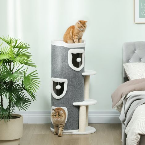 Torre de chat de 101 cm, 3 niveaux, 3 cachettes, balles de jeu, poteaux à gratter, sisal, panneau de particules, gris (1/5)