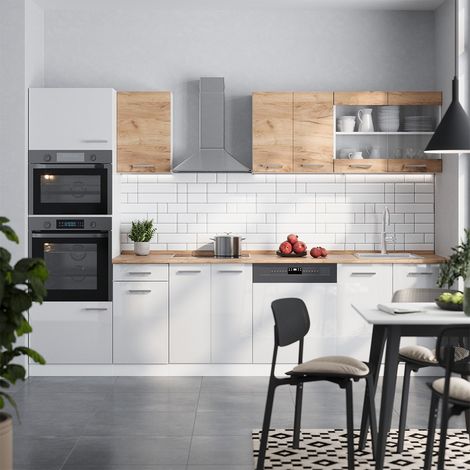 Cucina componibile R-Line, Rovere dorato/bianco, 300 cm mobili bicolore, PL Rovere, Vicco