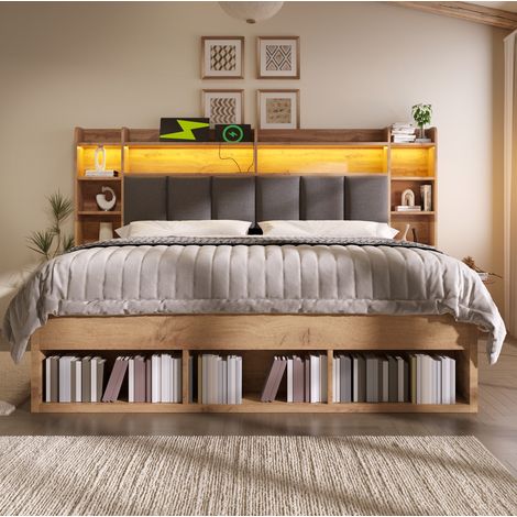 Cama de madera color roble de 160x200 cm con iluminación LED, puertos USB/USB-C, espacio de almacenamiento, mesitas de noche móviles y somier de láminas incluido. (1/5)