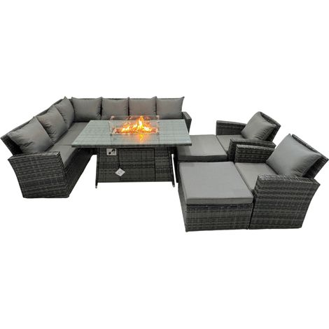 Fimous Poly Rattan Outdoor Patio Gas Firpit Dining Table Corner Sofa Set with 2 Big Stools 2 Chairs for Garden Backyard Dark Grey Mixed (1/5)