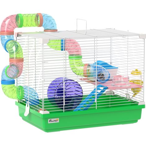 Cage hamster rongeur 2 étages avec tunnel, abreuvoir, roue, cabane et échelles, 46x30x37 cm, vert (1/5)