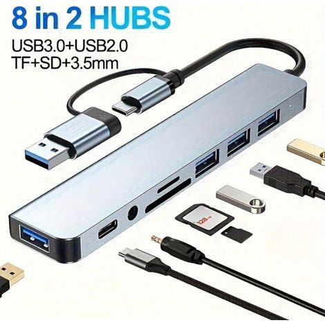 Hub USB-C 8-en-1 en aluminium - Equipé de USB 3.0, USB 2.0, USB-C, lecteur de cartes SD/TF, auxiliaire 3,5 mm pour iPad Pro, iPad Air, ordinateur portable, tablette (1/5)