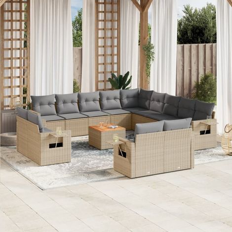 Salon de Jardin Modulaire 14 Pcs Résine Tressée Beige avec Meuble Bas et Coussins Gris - PANGIVO (1/5)
