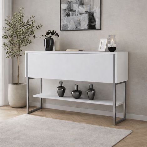 Modern Kommode Weiß Luxus 120x80x30 - Silberner Rahmen - Ein Fach