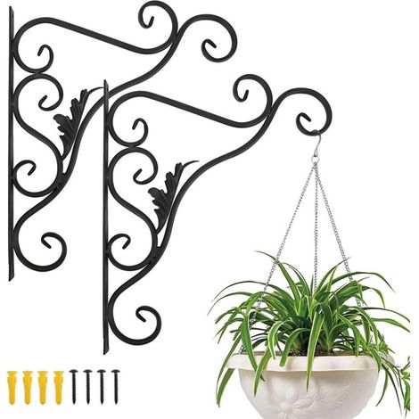Support Plante Mural Balcon, Lot de 2 Rétro Européen Forme de Feuille, Crochet de Suspension en Fer Forgé, pour Lanternes à Paniers avec Vis, Décor Extérieur pour Balcon de Jardin - Noir Peint