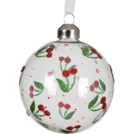 Decoris Sfera di Natale Vetro Trasparente - Ciliegie e Glitter - 8 cm (1/2)