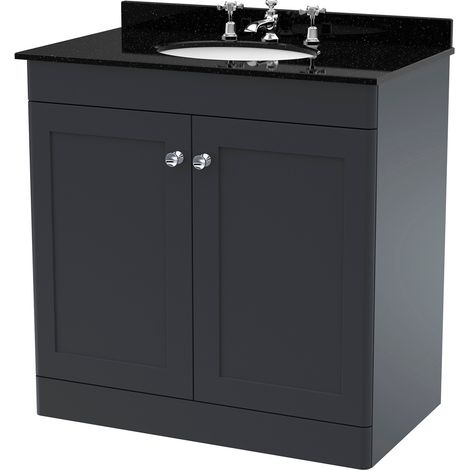 Nuie Classique Satin Soft Black 800mm 2 Door Vanity Unit with Black Marble Countertop and Round Basin with 3 Tap Holes - CLC1426BR3 (1/2)