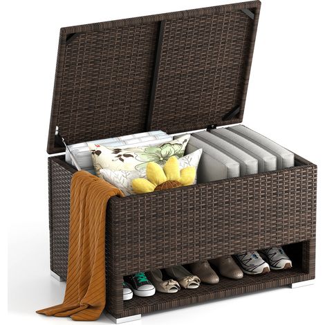 COSTWAY Deck Box 180L PE Rattan Storage Bin with Shoe Rack-Mix Brown (1/5)