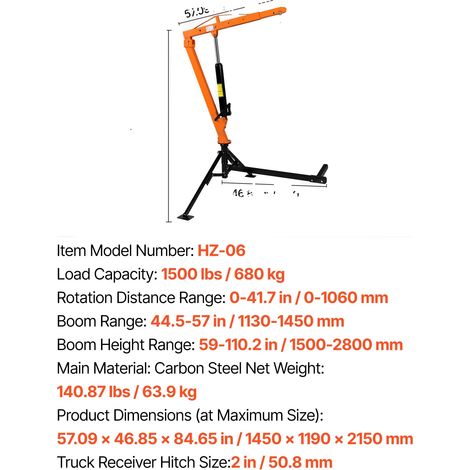 Grue de camion pickup, rotation à 360°, hauteur de levage réglable, 1500lbs (1/2)