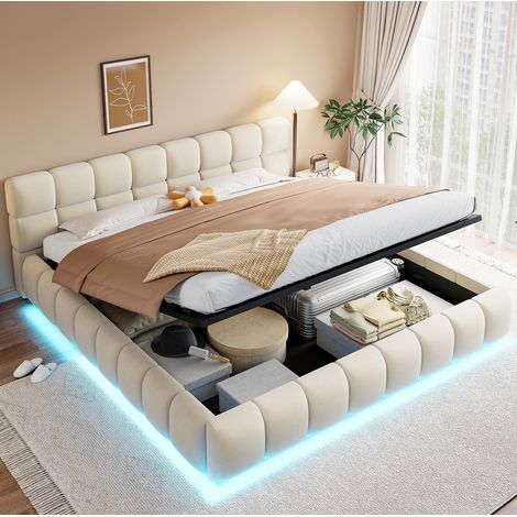 letto contenitore 180x200 salvaspazio LED velluto beige HAVRYA (1/5)
