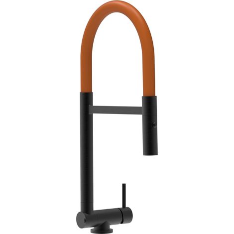 Rubinetto abbattibile a soli 4,5 cm, miscelatore cucina Nero Opaco per sottofinestra canna arancione movibile e doccia due getti staccabile (1/5)