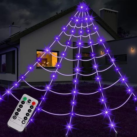 Grande toile d’araignée lumineuse 5 m pour Halloween – 250 LED violettes – 8 modes d’éclairage avec télécommande – Décoration extérieure (1/5)
