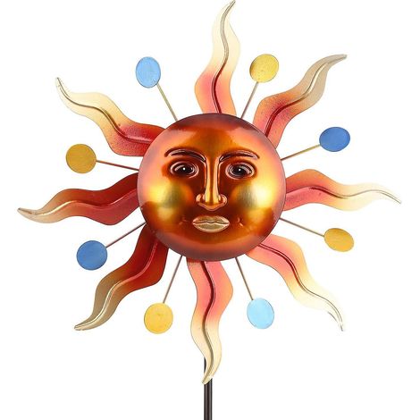 Tooarts Sunlight Face Windmühlen-Pfahl für den Außenbereich, 3D-Windspinner aus Eisen, reflektierende Lackierung, Garten