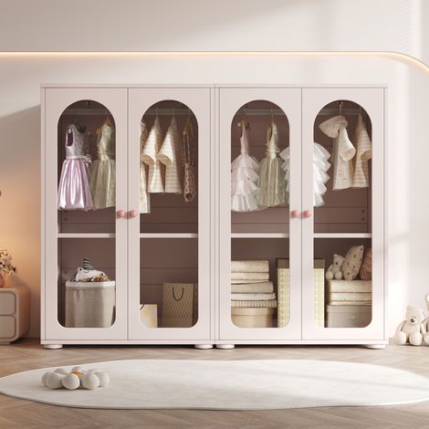 Ensemble 2 Armoires de Rangement Enfant (160x50x120cm), Maxi Dressing Laqué avec Penderie, Vitrine Acrylique Transparente pour Chambre Fille - Rose