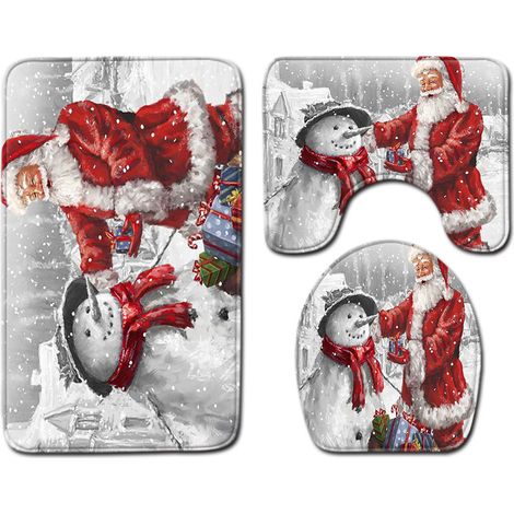 3-piece Weihnachten Weihnachtsmann and Schneemann WC Sitzbezug and Teppich Dekorationen Badezimmer Set (1/4)