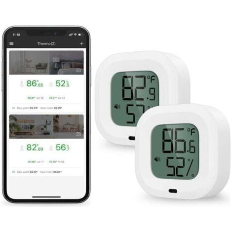 QORVA-2 Pièces Thermomètre Hygromètre Bluetooth, Capteur de Température D'humidité avec Exportation de Données pour iOS Android, D'alarme, pour Maison, Étui à Guitare, Cave à Cigare, Cadeau Noel