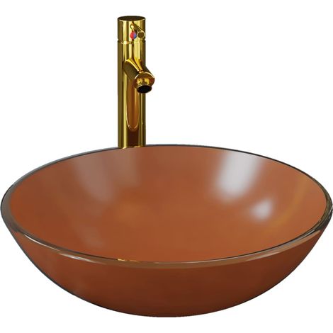 Lavabo de bain avec robinet et drain à poussoir vasque à poser de toilette lave-mains de salle de bain lavabo de salle d'eau diamètre 42 cm verre trempé