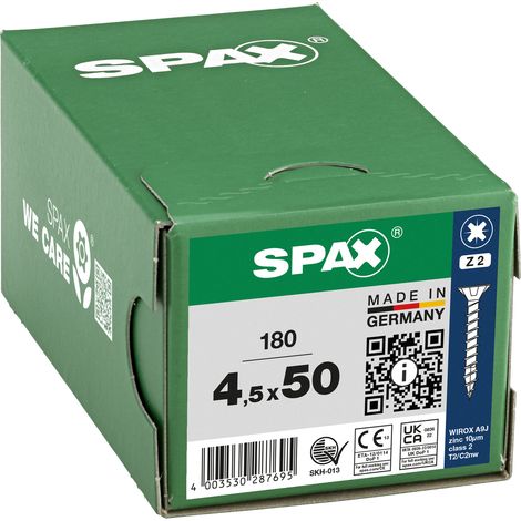 SPAX Vis universelle, 4,5 x 50 mm, 180 pièces, Tête centrante, Tête fraisée, Cruciforme Z2, 4CUT, WIROX - 8000000287695