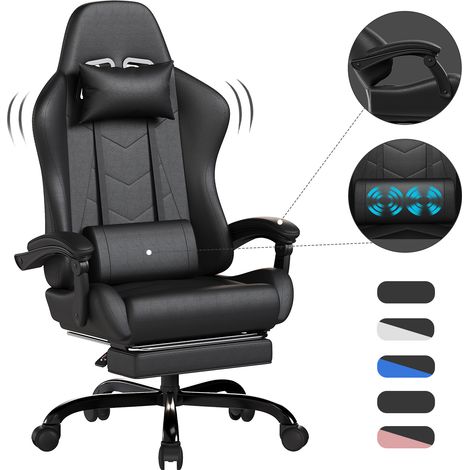 Devoko Chaise Gaming Ergonomique avec Massage Lombaire, Siège Gamer Inclinable 135°, Repose-Pieds, Appui-Tête Réglable, Fauteuil Gaming Adulte en Similicuir, Chaise Bureau Gaming Confortable, Noir