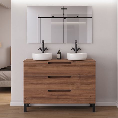 Meuble de salle de bain 120cm avec plateau et 2 vasques à poser rondes - 3 tiroirs - noyer (bois foncé) - RIZA (1/5)