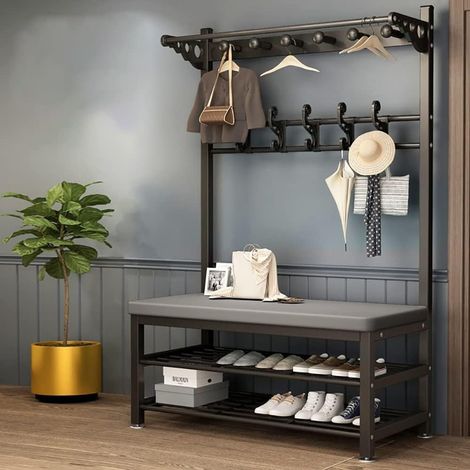 Coat Rack Cloakroom Hallway Cabinet with 3 Tier Shoe Rack, Racks with 10 Hooks and Bench Metal Coat Rack for Hallway Entryway, 100 x 30 x 170 cm, Black (1/5)