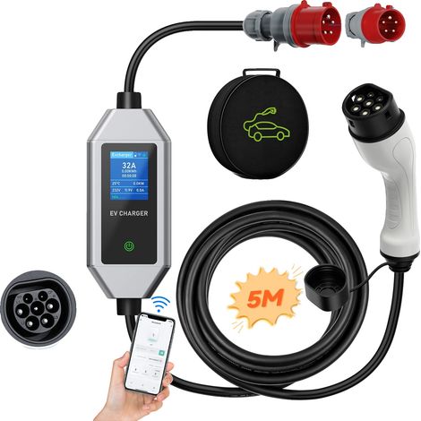 Tragbares Ladegerät für Elektrofahrzeuge, Steuerung per App, einstellbarer Strom, 22 kW, Typ 2, 5 m (1/2)