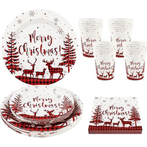 168 pièces, vaisselle jetable Noël, motif écossais rouge, service complet pour 24 personnes, fête hivernale et réveillon