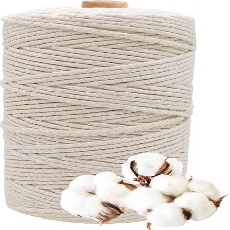 Fil de coton naturel HAIY, fil de coton pour macramé, cordon pour loisirs créatifs, fil de macramé 3 mm x 200 m pour décorations murales, plantes suspendues, tissage décoratif, décoration intérieure (1/5)