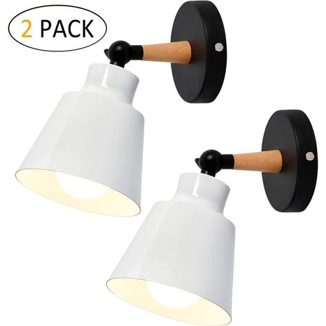 2er Wandleuchte Holz, Moderne Wandlampe Innen mit Metall Lampenschirm, Wandstrahler Art Licht Decor für Wohnzimmer Schlafzimmer (Weiß)