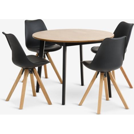 ORION91oficial® - Conjunto Comedor Mesa y 4 Sillas Ø105 x A75 cm Color Roble Cálido/Negro Estilo Industrial Salón Comedor Restaurante Hostelería Cocina Teletrabajo Oficina - spazi