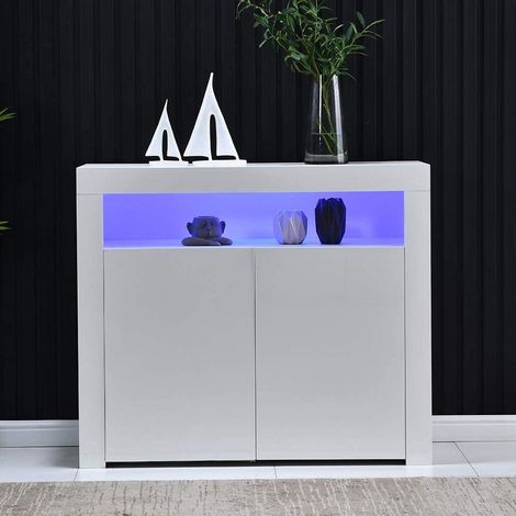 Mueble TV blanco con LED, 2 puertas, almacenaje abierto, acabado brillante 108 x 40 x 92 cm (1/5)