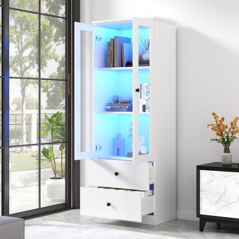 Vitrine LED 165cm blanche mate,télécommande 16 couleurs + port USB,2 tiroirs,étagères réglables,meuble salon MDF vertical