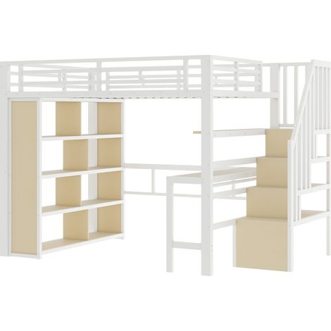 Letto a soppalco 140 x 200 cm in metallo e MDF con scrivania, ripiani e LED bianco MODENUIT (1/5)