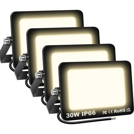 4 Pièces 30W Projecteurs LED Extérieur,3000lm Eclairage de Sécurité Spot LED Extérieur,Blanc Chaud 4000K Lumineuse Lampe pour Entrepôt Garage Jardin Stade Arrière-cour,175V-260V Imperméable (1/5)