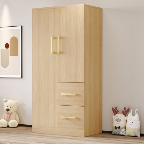 Armadio guardaroba per bambini 135 cm - Design con 2 ante e 2 cassetti - Appendiabiti integrato e scomparti - Stile scandinavo naturale - 70x40 cm