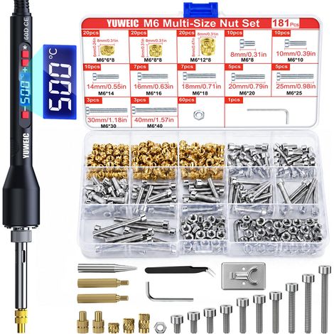 Kit d’inserts filetés à chaud – 181 pièces avec fer à souder numérique 60W, support, pince et écrous, vis et capuchons M6 pour réparation de filets plastiques et projets DIY (1/5)