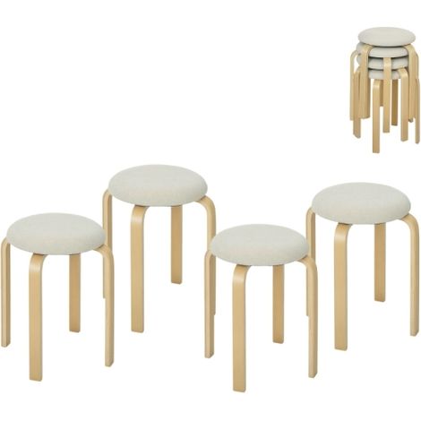 Lot de 4 tabourets empilables ronds en bois et lin, rembourrés, crème (1/5)