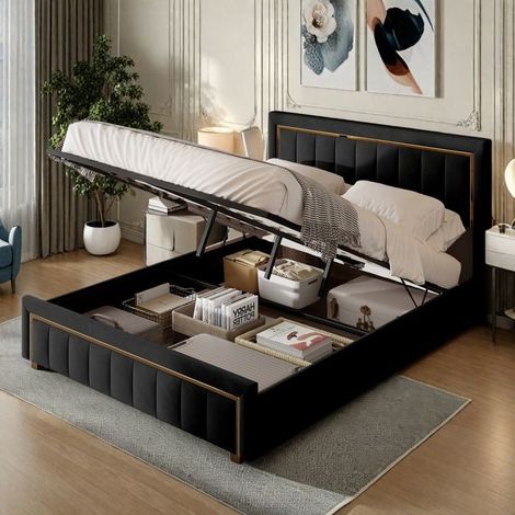 Doppelbett 140x200 cm mit großem Stauraum, gepolstertes Doppelbett mit Lattenrost, 2 Personen, Samt, schwarz (1/5)