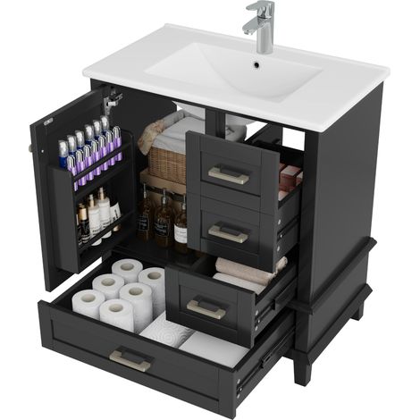76x46x83,5cm meuble de salle de bains simple, entièrement laqué, étagère de porte, trois tiroirs silencieux, étagères réglables, lavabo en céramique intégré, noir (1/5)
