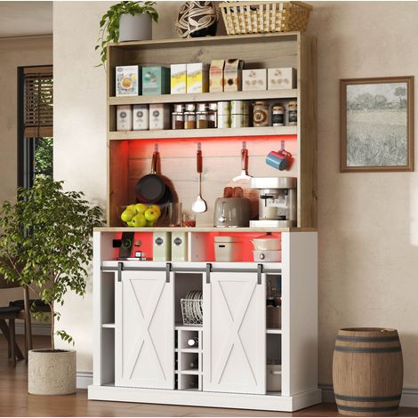 Vitrine de cuisine naturel et blanc 110x40x191 cm, MDF, avec LED RGB, prises USB, crochets et range-bouteilles (1/5)