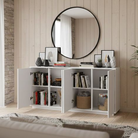 Dmora - Aparador Dnánde, Aparador de cocina con 4 puertas, Buffet de salón, 100% Made in Italy, cm 180x41h86, Blanco brillo (1/5)