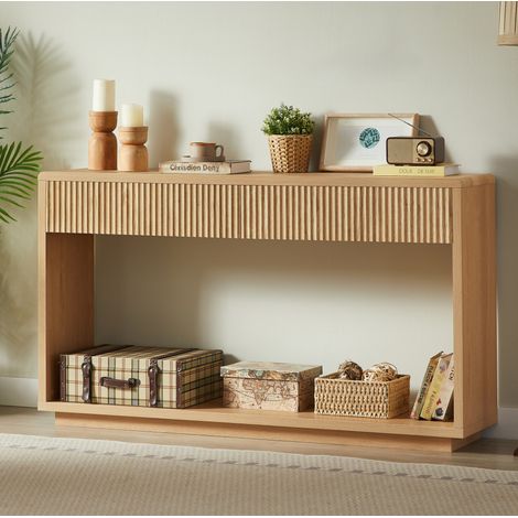Consolle da ingresso 150x35x85 cm, 2 cassetti capienti, ripiano aperto, angoli arrotondati, truciolare, naturale (1/5)