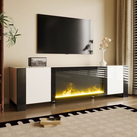 Mueble TV 165x32x55 cm blanco y negro de aglomerado, 2 puertas con chimenea decorativa (1/5)