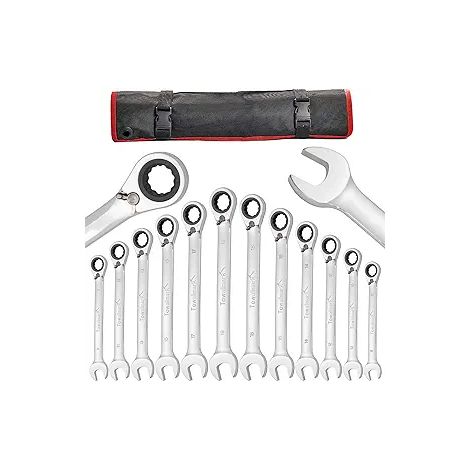 Clé mixte combinée à cliquet 14 pièces, jeu de clés plates et à cliquet, outillage manuel en chrome vanadium, taille métrique, rangé dans un étui pratique. (1/3)