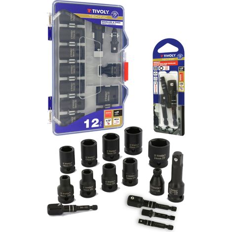 Tivoly • Lot de 1 coffret de douilles à choc de 12p : 9 Douilles à choc Ø 8 à 24mm + 2 adaptateurs + 1 rallonge-IMPACT + 1 blister de 3 adaptateurs HEXA 6,35MM IMPACT pour douilles carrées femelle 1/